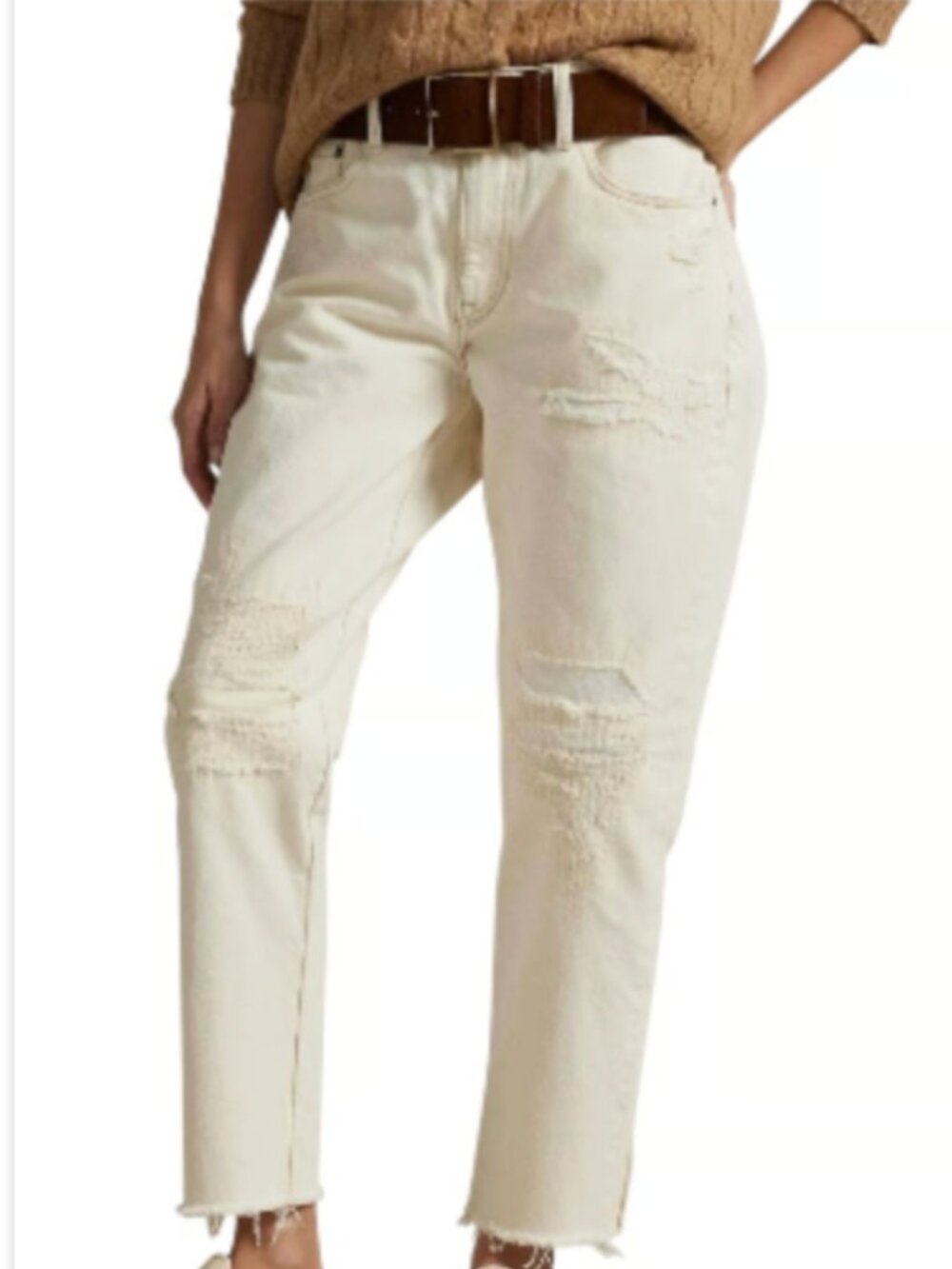 NEW Polo Ralph Lauren Relaxed Tapered Jeans Cream Size 34 Patchwork Distressed